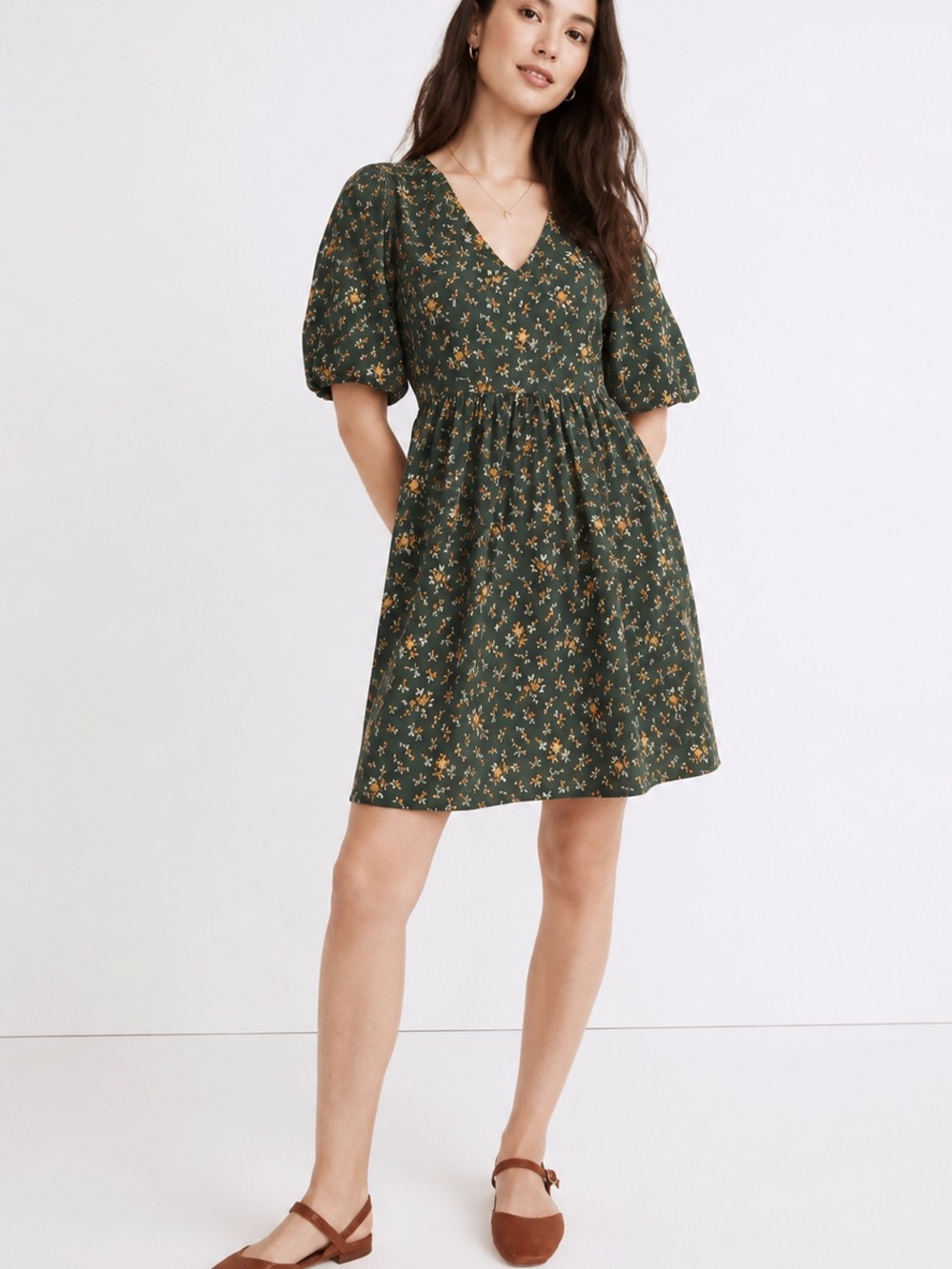 Madewell Women’s Floral Poplin Bubble-Sleeve Mini Dress 6 Green Cottagecore